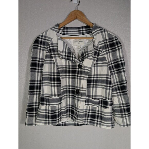 Banana Republic White Plaid Double Breasted Jacket Large Petite - Picture 1 of 9